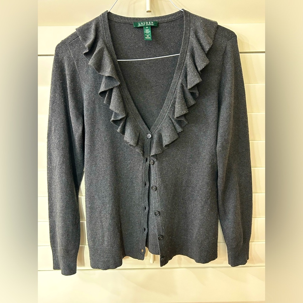 Women’s Ralph Lauren Ruffled Sweater Cardigan Silk Cashmere Blend Grey Medium